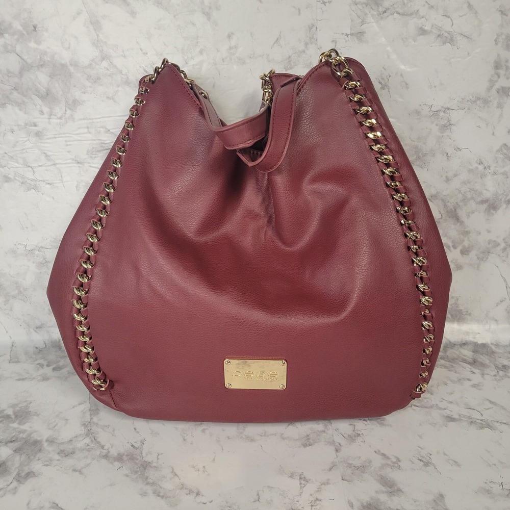 Bebe Los Angeles Burgundy Hobo Bag Gold Chain Whipstitch Pebble Faux Leather